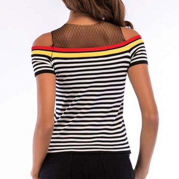Black Stripe Mesh-Yoke Cutout Top - Picture 2 of 2